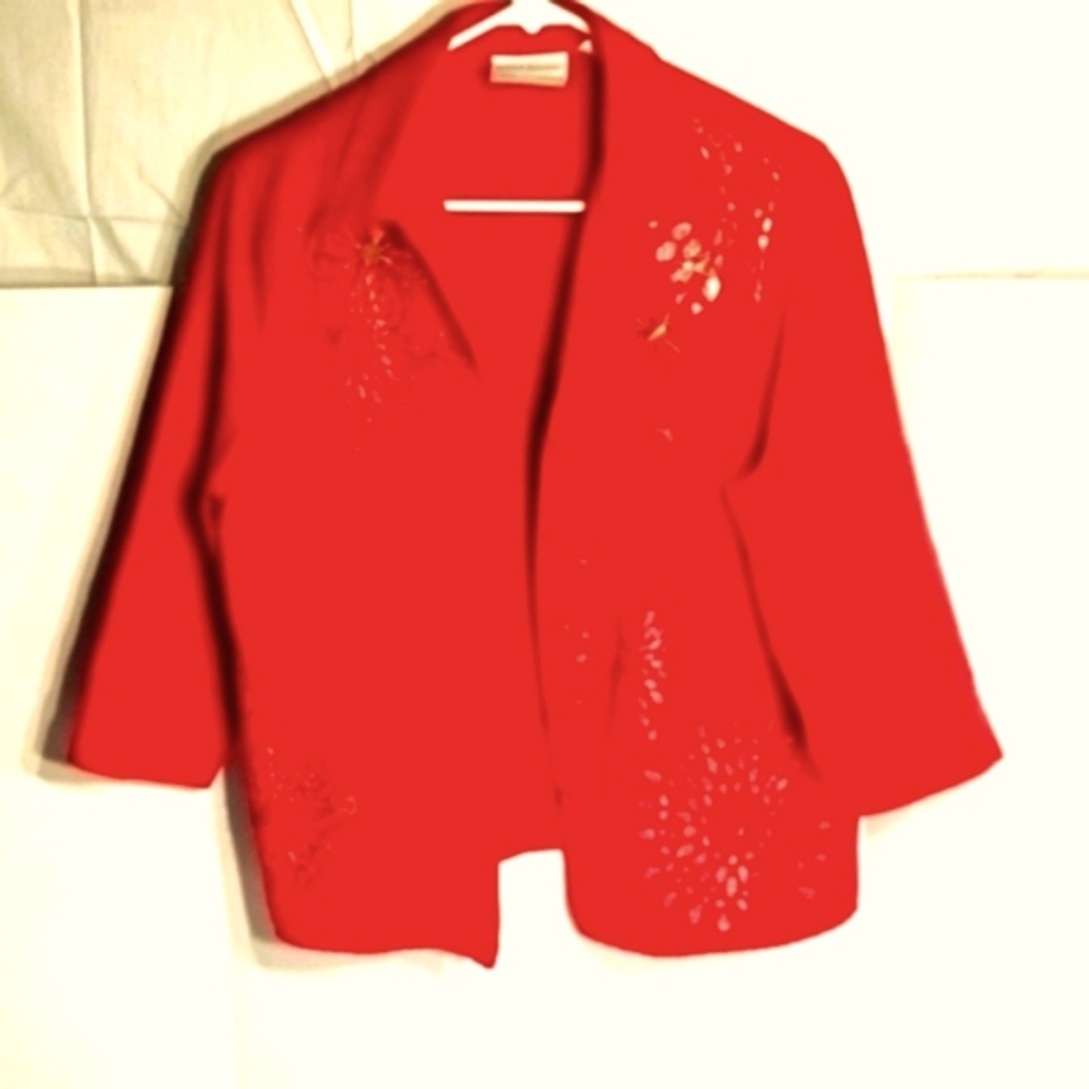 Alfred Dunner Women 12P Petite Embellished Button Jacket Top Red 3/4 Sl.